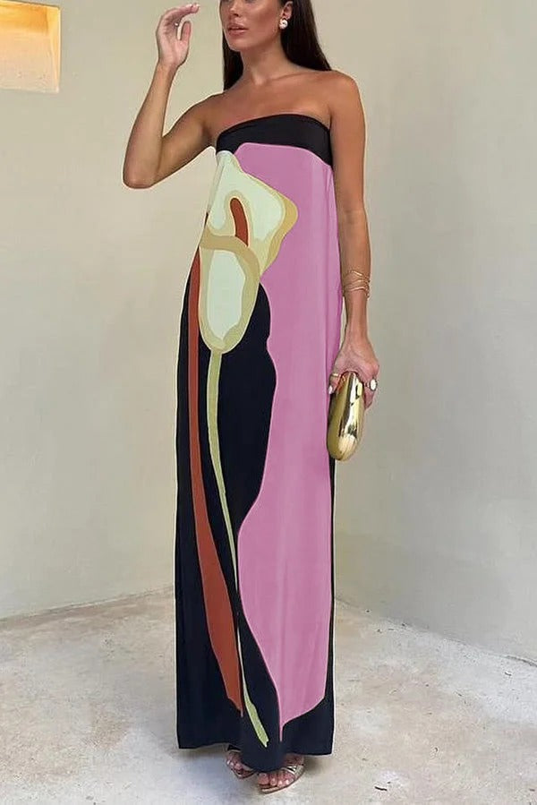 Robe longue ample à imprimé floral abstrait Jaime, épaules dénudées et élastique, idéale pour les vacances