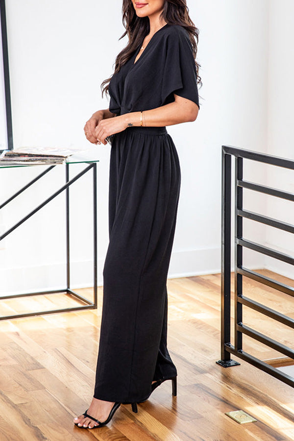 Black Deep V Neck High Waist Wide Leg Jumpsuit