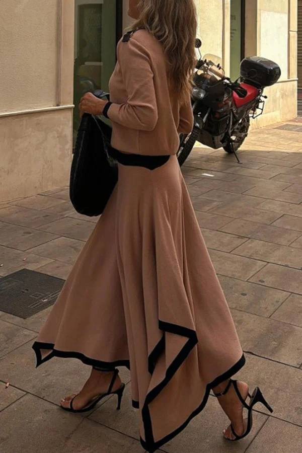 Kadie Colorblock Elastic Waist Buckle Detail Irregular Hem Maxi Skirt