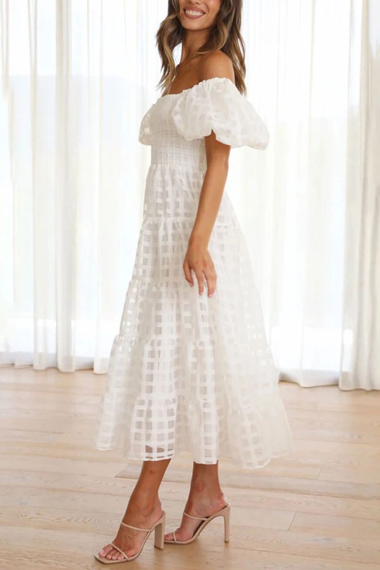 Fashionable One-Shoulder Chiffon Puff Sleeve Swing Midi Dress