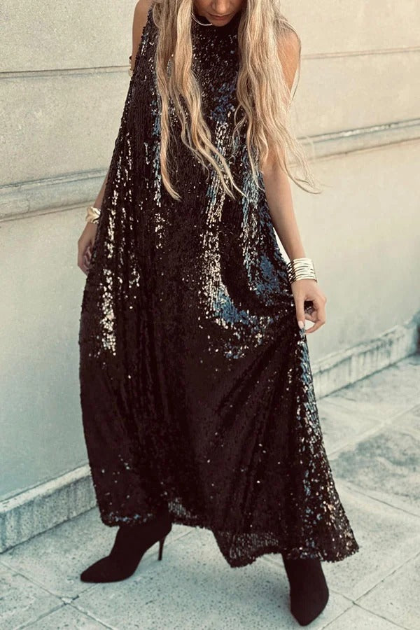 Twas The Night Sequin Round Neck Sleeveless Drape Loose Maxi Dress