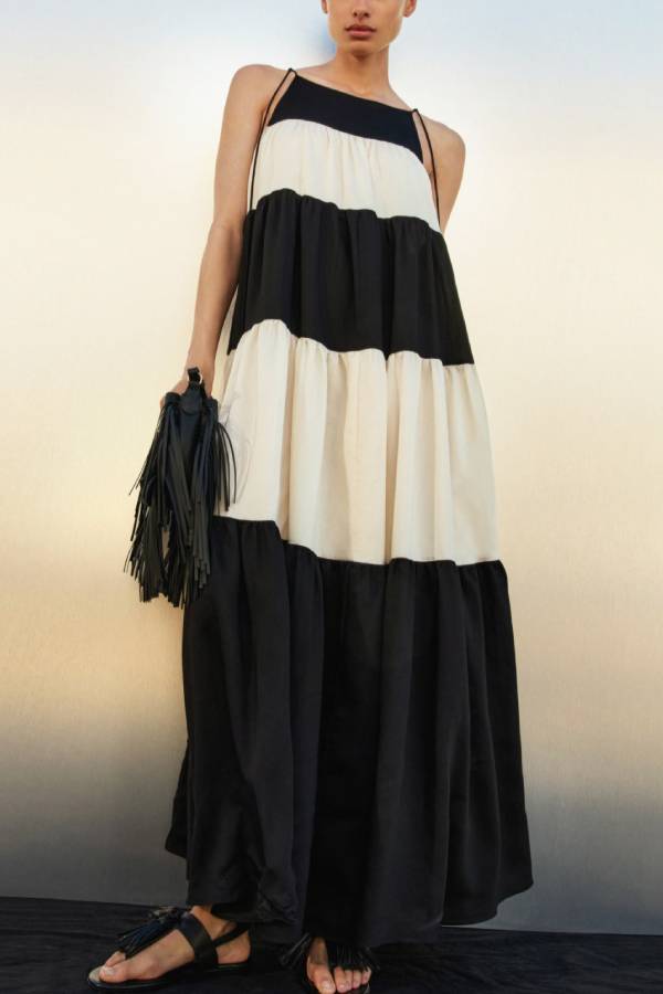 Meila Colorblock Tie-strap Gathered Tiers A-line Maxi Dress