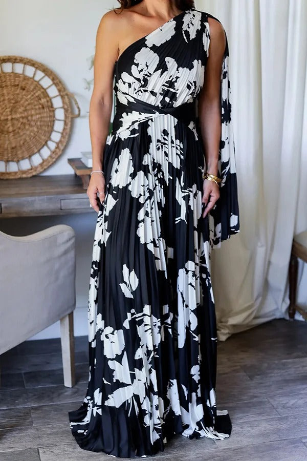Robe longue drapée à une épaule et motif floral plissé Slay The Evening