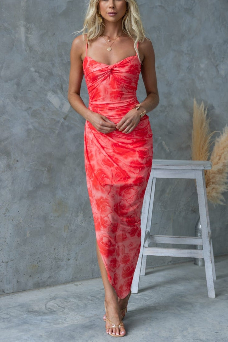 Robe longue extensible en maille à imprimé floral et détails froncés torsadés avec ourlet irrégulier