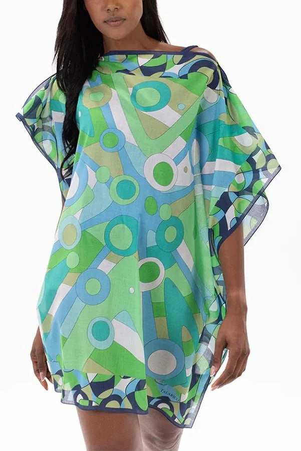 Colorful Circle Unique Print One Shoulder Button Detail Loose Cover-up Mini Dress