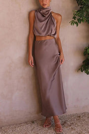 Such A Vibe High Neck Satin Drape Maxi Skirt Set