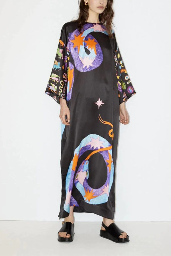 MOSTLY MAGIC SATIN UNIQUE PRINT SLIT RELAXED VACATION MAXI DRESS