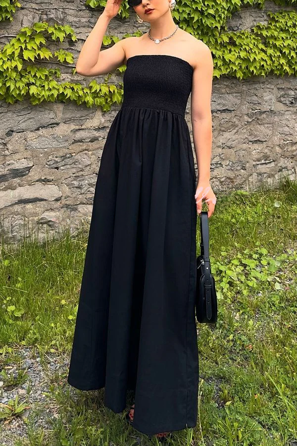 Ärmelloses, schulterfreies, elastisches, plissiertes Maxikleid im Retro-Stil