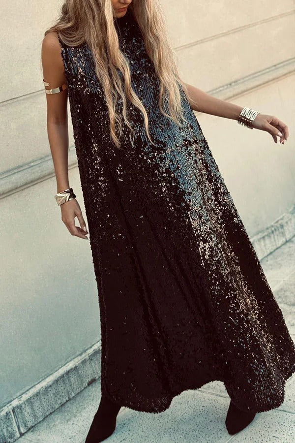 Twas The Night Sequin Round Neck Sleeveless Drape Loose Maxi Dress