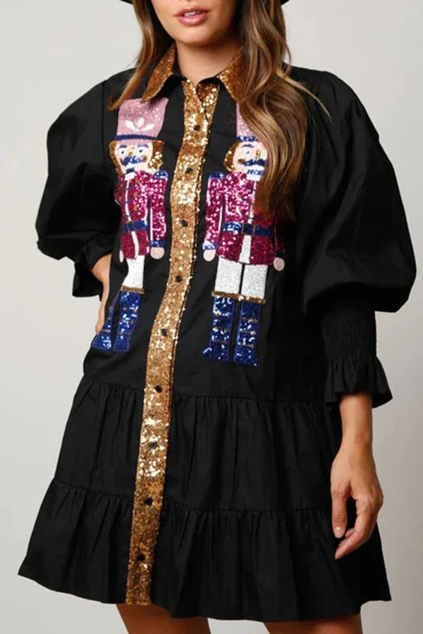 Nutcracker Sequined Button Down Long Sleeve Mini Dress