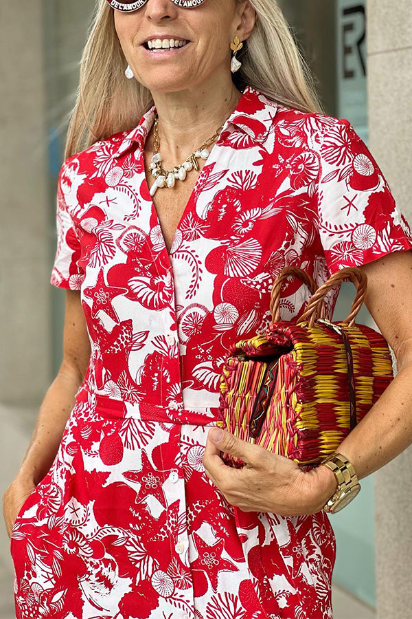 Red marine life print V-neck short-sleeved waist dress