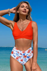 V-neck color-blocked two-piece swimsuit