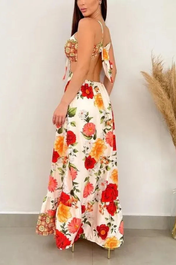 MONET – Blooming Rose – Maxikleid mit Cut-out und Bindeband am Rücken