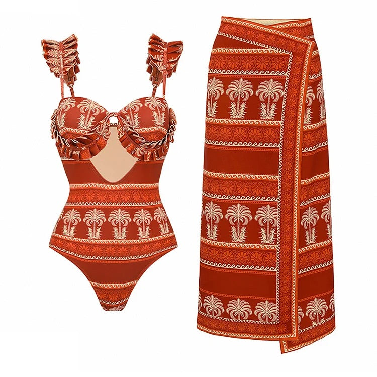 Maillot de bain une pièce à volants et découpes, imprimé fleurs d'eucalyptus, avec jupe 