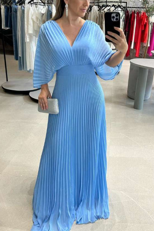 Blue Pleated Comfortable Maxi Dress