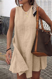 Round Neck Sleeveless Solid Cotton Linen Mini Dress