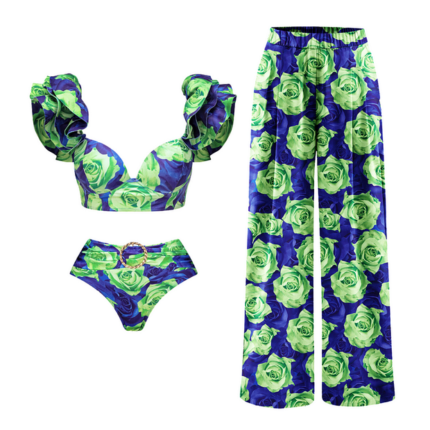 Blue Green Rose Big Ruffle Contrast Print Bikini Swimsuit and Skirt