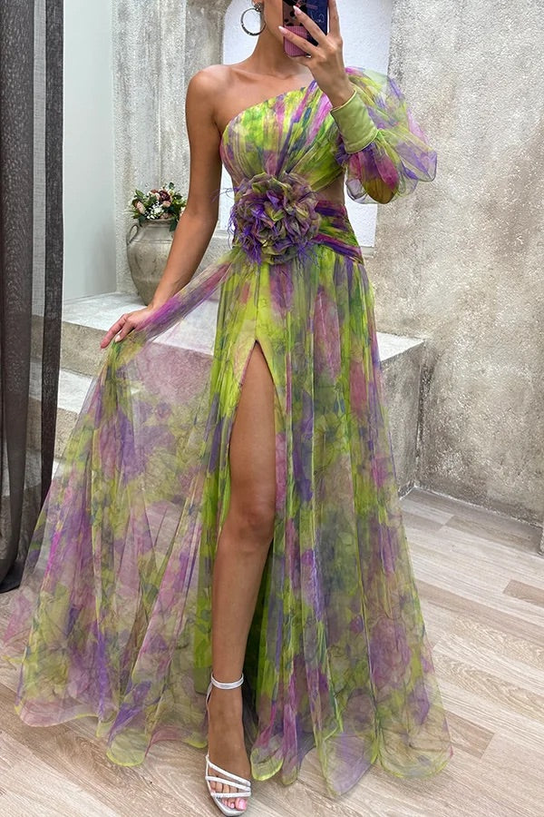 Picturesque Beauty Tulle Floral Pleated One Shoulder Sleeve Slit Maxi Dress