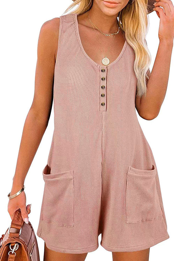 Summer Camping Waffle Fabric Button Up Pocketed Loose Romper