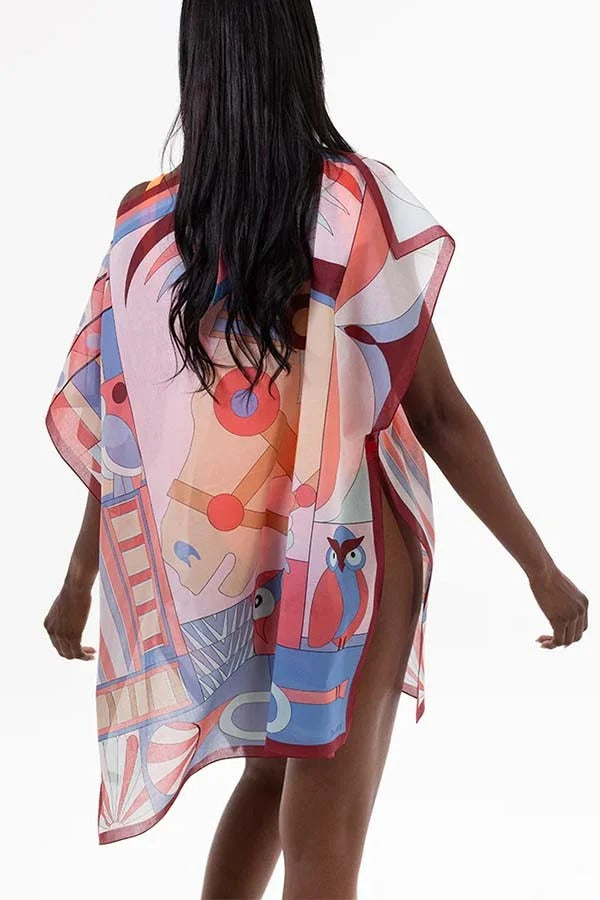 Horse Island Tulle Unique Print One Shoulder Button Detail Loose Cover-up Mini Dress