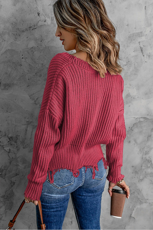 Casual Tassel Hem Pullover V Neck Sweater