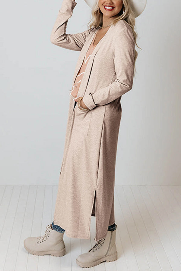 Cardigan long ouvert devant à poches et fentes abricot 