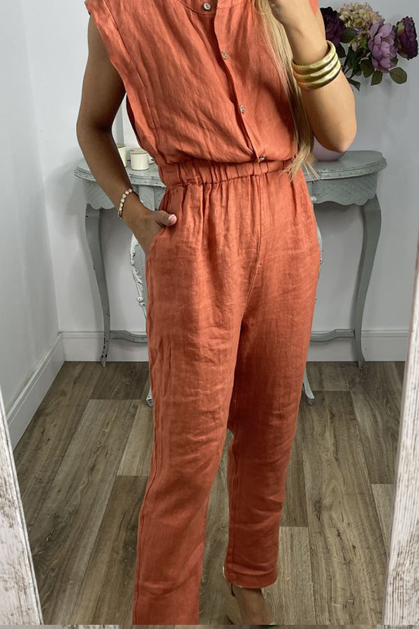 Casual Solid Pocket V Neck Loose Jumpsuits