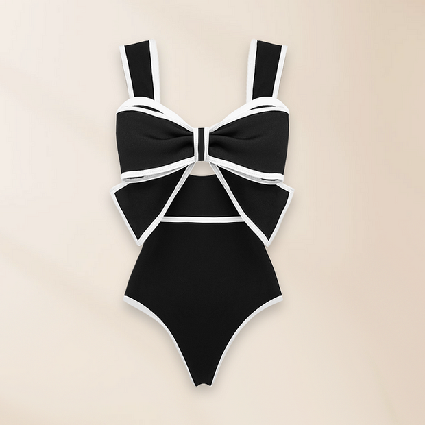 Black and White Bow-tie Decor One Piece Swimsuit and Skirt