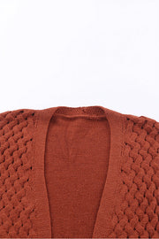 Brown Woven Texture Open Front Pockets Knit Cardigan