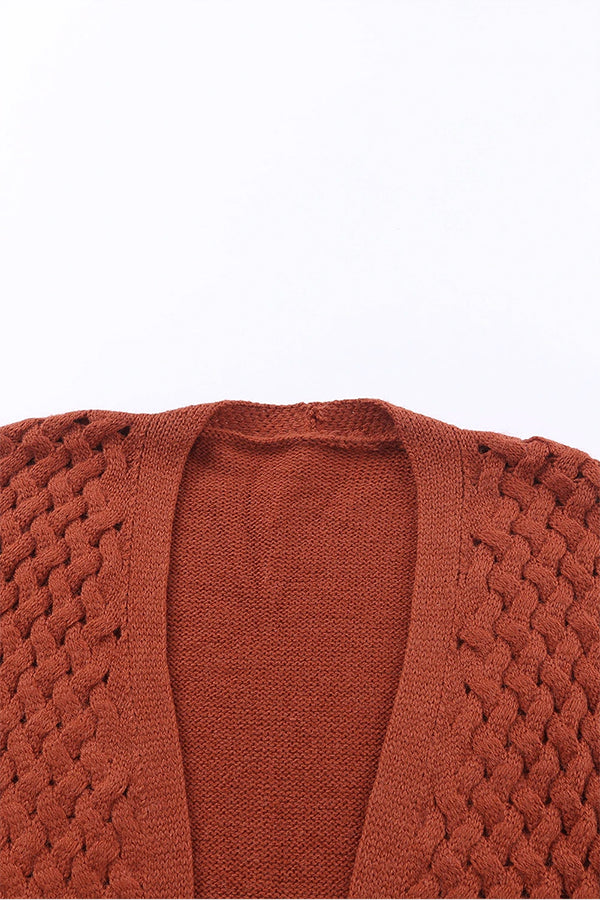 Brown Woven Texture Open Front Pockets Knit Cardigan