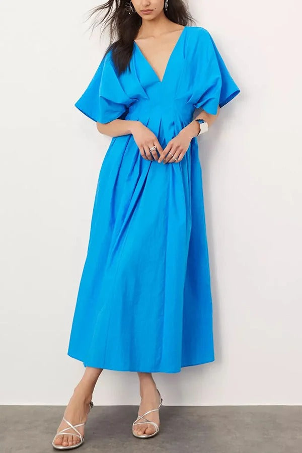 Robe mi-longue plissée à manches bouffantes et larges en lin mélangé Antibes