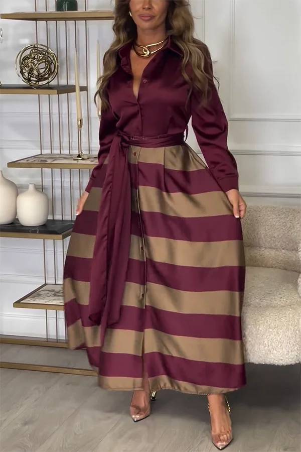 Robe longue en satin Lindsey à manches longues et ceinture contrastée