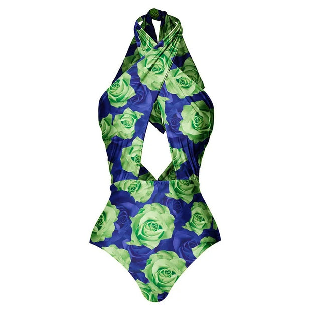 Blue Green Rose Print Cut Out Hanging Neck One Piece Swimsuit