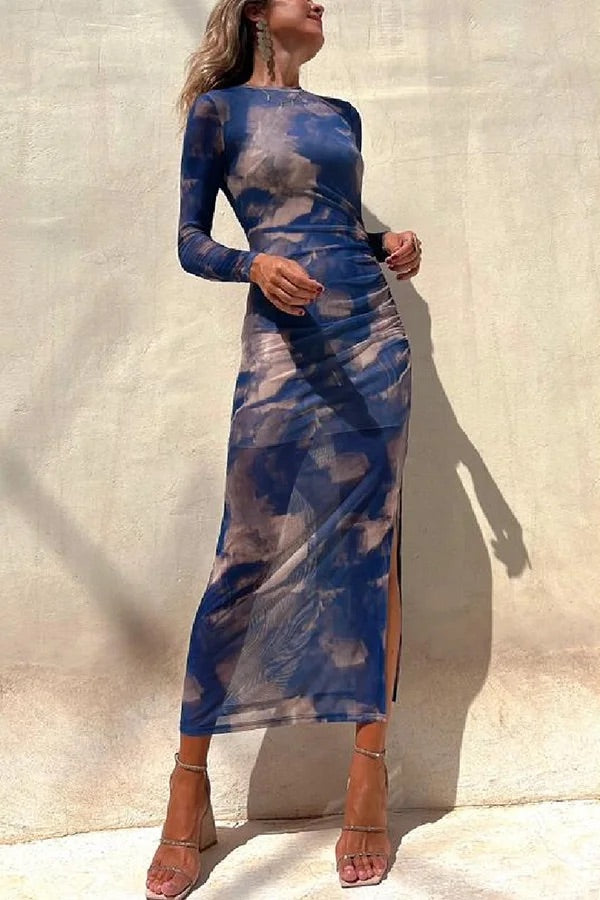 Charm Lady Mesh-Overlay Tie-Dye-Print Langärmliges, gerüschtes Stretch-Midikleid 