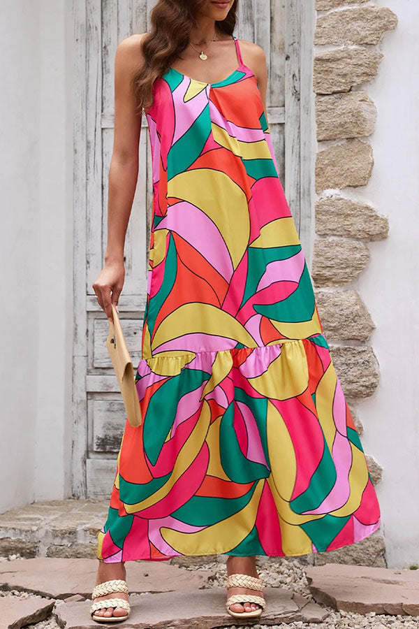 Multicolor Geometric Colorblock V Neck Tiered Maxi Dress