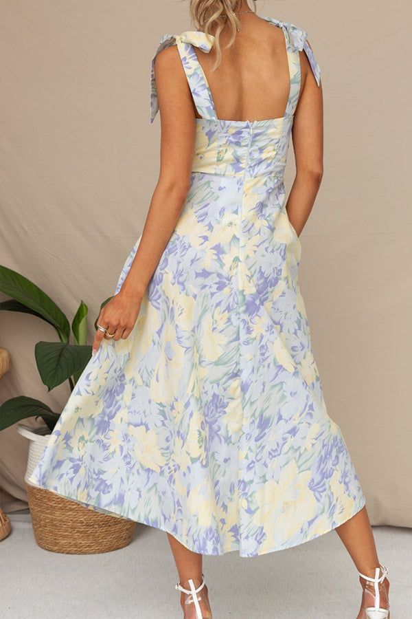 Slim fit slim waist V-neck suspender print mid-length dress