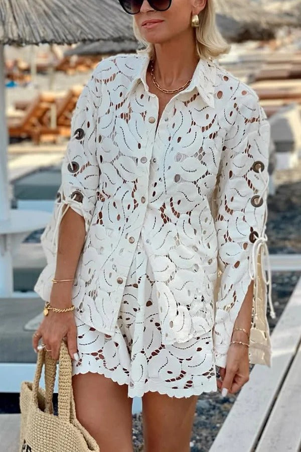 Ensemble chemise à manches longues et short à taille élastique Always Favorite en dentelle ajourée