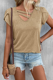 Solid Color Casual Cutout Neck T Shirt