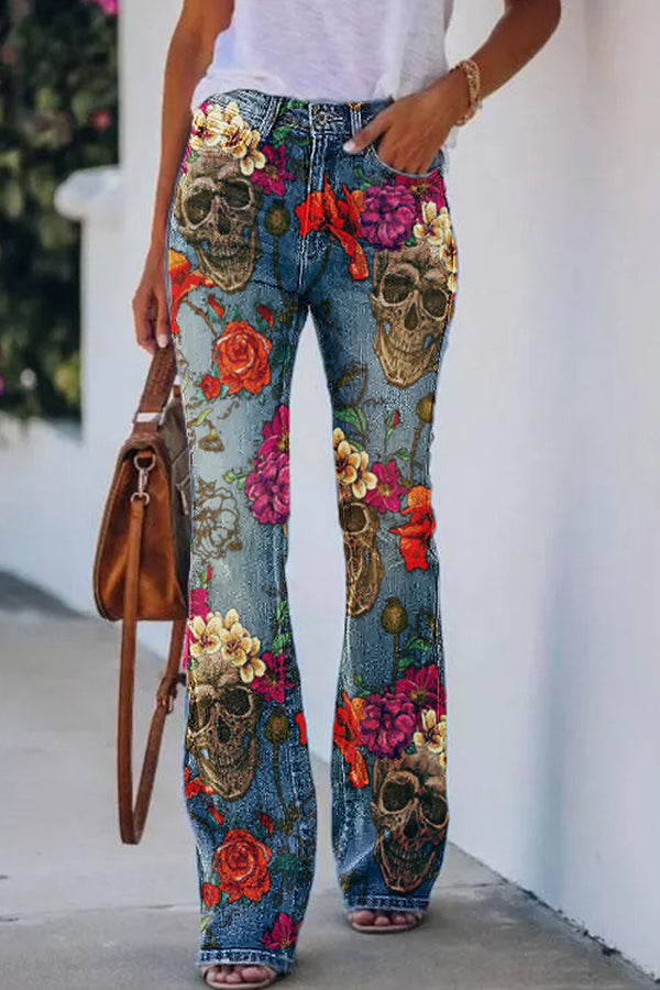 On A Drive Printed Faux Denim High Rise Flare Pants