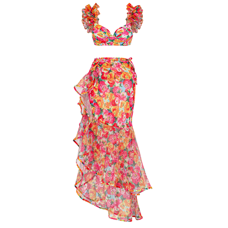Maillot de bain bikini à volants et bretelles à imprimé floral, double épaisseur, et paréo 