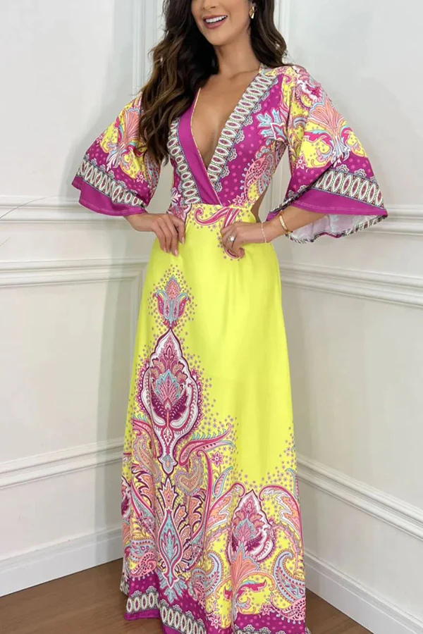 Robe longue de vacances dos nu à manches cloche et imprimé style palais
