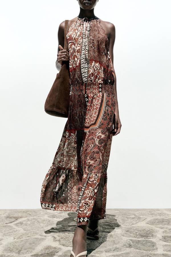 Ethnic Boho Colorblock Print Elastic Waist Resort Style Maxi Dress