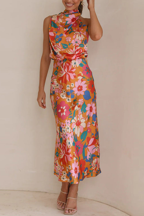 Robe longue à fleurs et col licou, taille élastique, motif Love In The Garden 