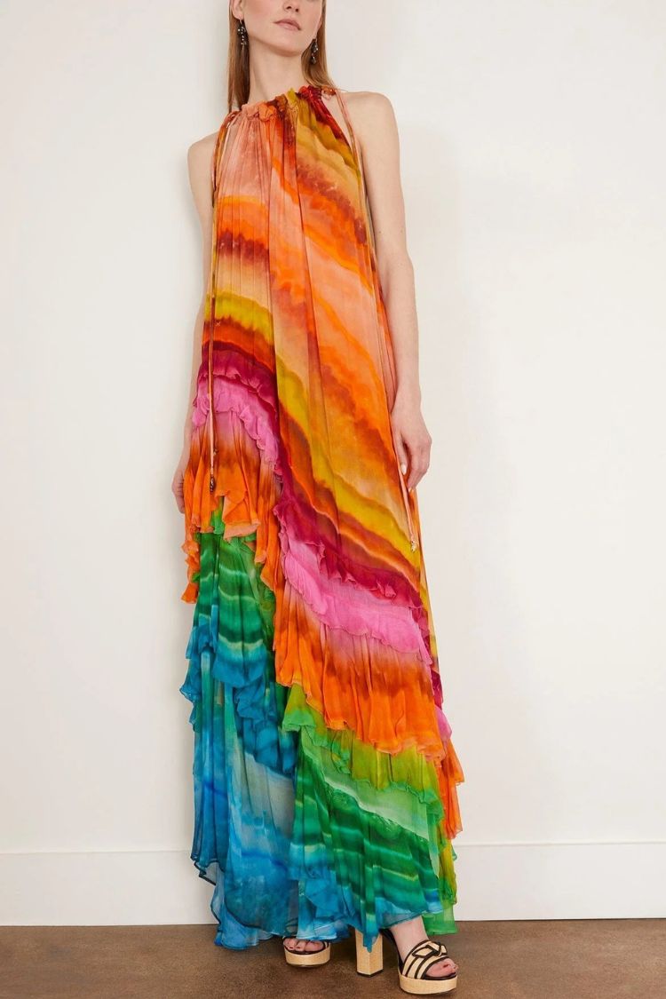 Robe longue trapèze Rosha en crêpe georgette à imprimé tie-dye et volants superposés