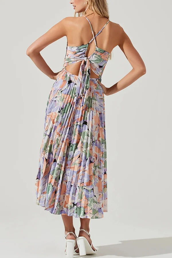 Robe mi-longue plissée à imprimé floral et à nouer dans le dos pour la saison des fêtes de mariage