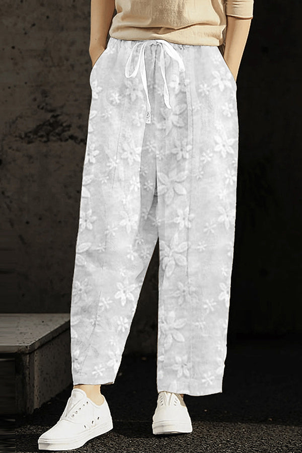 Wishing for It Cotton Linen Patchwork Flower Elastic Waist Pocketed Pants