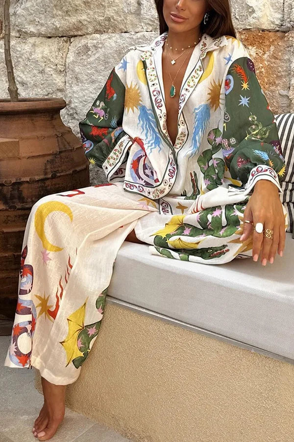 Bohemian Beauty Set mit einzigartigem Print, langärmligem, lockerem Hemd und Hose mit elastischer Taille 