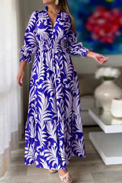 Waist pullover bohemian print long-sleeved swing dress