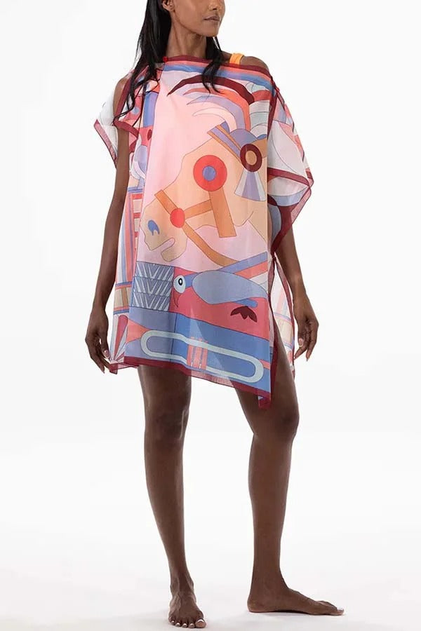Horse Island Tulle Unique Print One Shoulder Button Detail Loose Cover-up Mini Dress