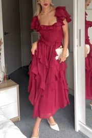 Square Neck Ruffle Sleeves Backless Dress